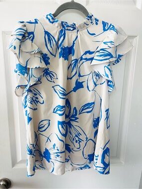 Entro  Top with Bold Blue Floral Print and Ruffles